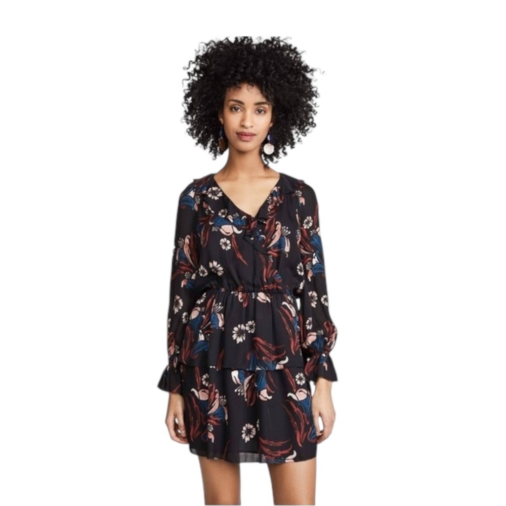 JOIE Silk Mini Dress Long Sleeve V-Neck Layered Ruffle Skirt Large Black Floral